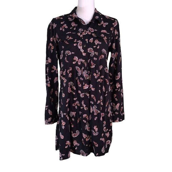 SO Black Orange Paisley Cotton Blend Long Sleeve Tiered Button Front Dress M - Picture 1 of 7